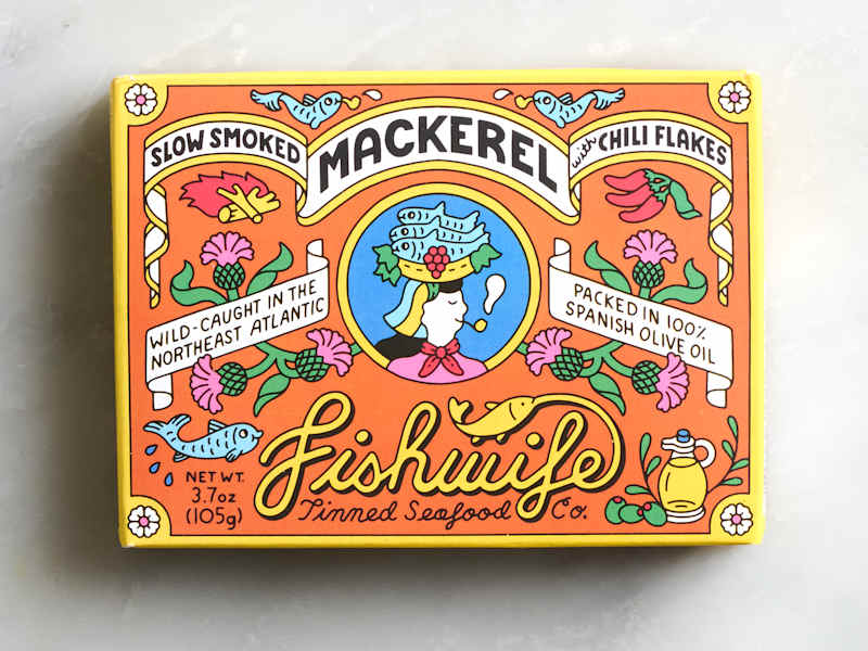 Colorful packaging for Fishwife's slow smoked mackerel with chili flakes, featuring floral designs and a whimsical illustration.