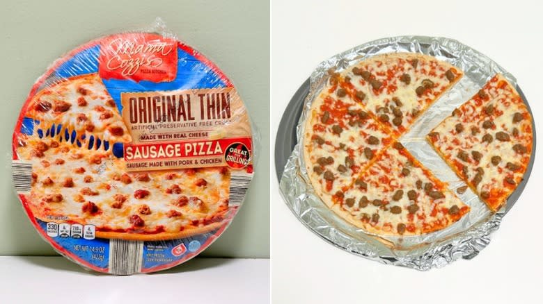 A package of Mama Cozzi's Original Thin-Crust Sausage Pizza next to a sausage pizza