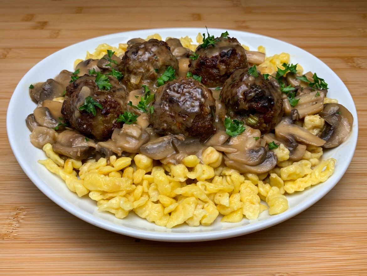 Meatballs with Mushroom Sauce over Fresh made Spätzle