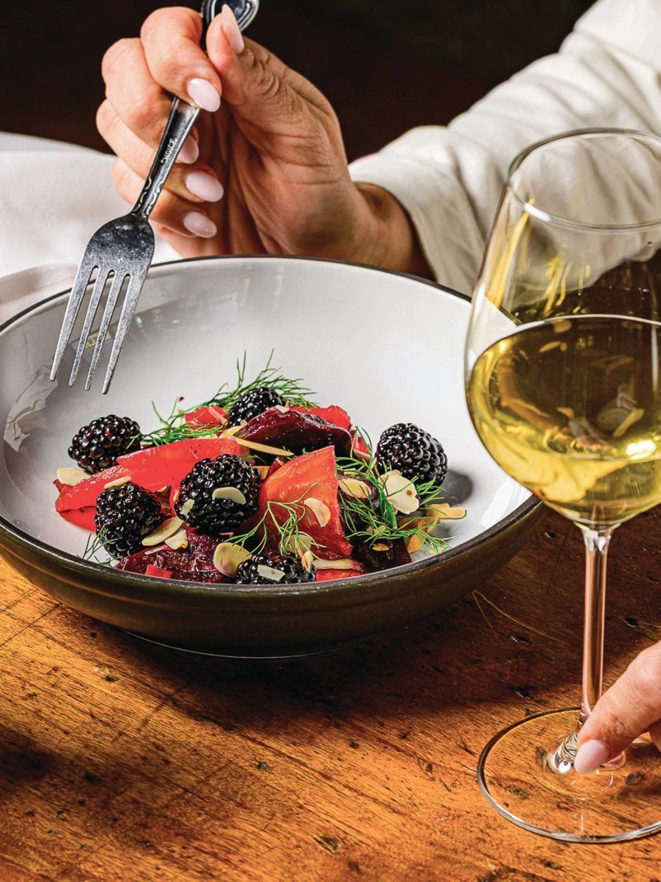 Clementina's roasted beets with blackberries, dill, shaved almonds and citronette PHOTO BY ALBERT LAW