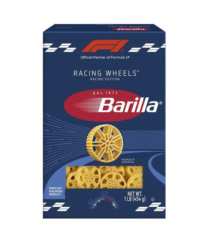 Packaging for Barilla Racing Wheels pasta.