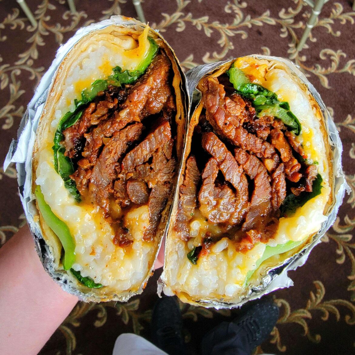 Bulgogi burrito with bok choy, rice, and cheese. We call it the "Korrito".