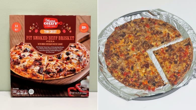 A box of Mama Cozzi's Thin Crust Pit Smoked Beef Brisket Pizza next to a beef brisket pizza