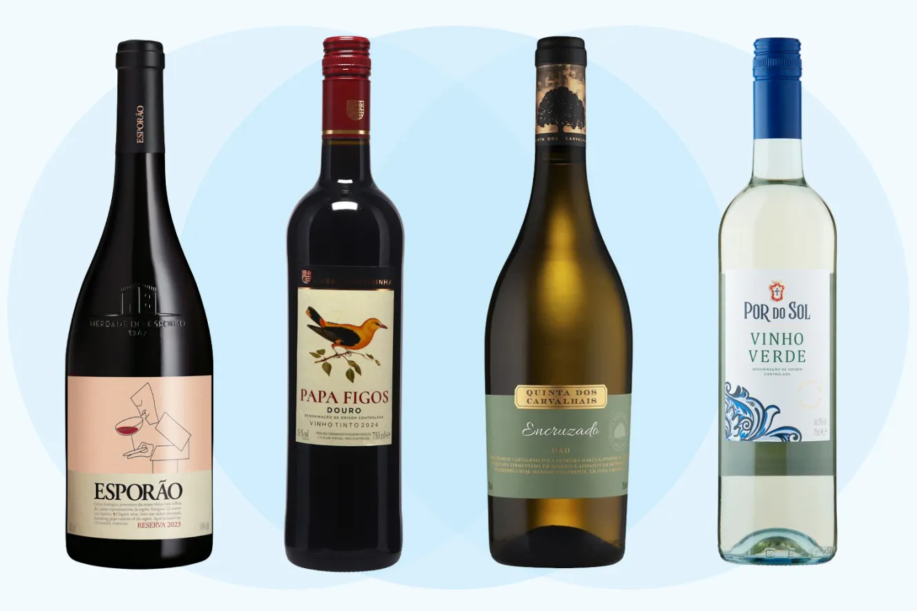 Collage of four bottles of Portuguese wine.