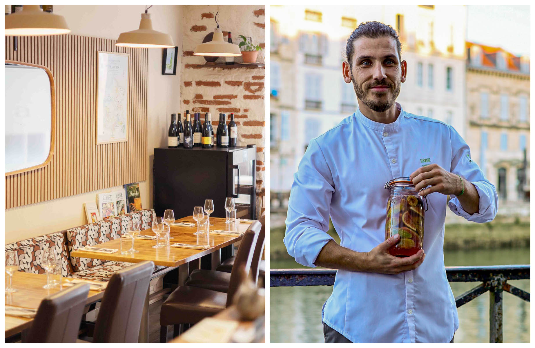 The dining room at restaurant Agapes and Chef Maxime Chentouf of Germaine. © Mathilde Delozier/Agapes, © Germaine
