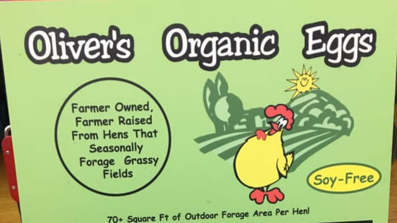 Sign promoting Oliver's Organic Eggs