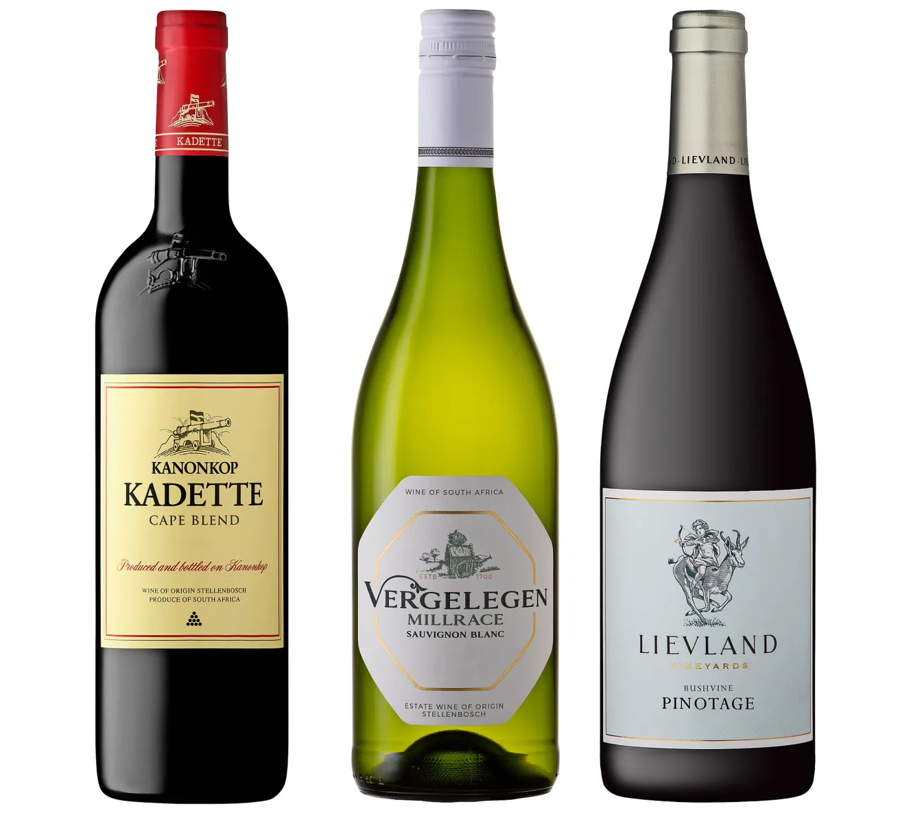 Three wine bottles: Kanonkop Kadette Cape Blend, Vergelegen Millrace Sauvignon Blanc, and Lievland Bushvine Pinotage.