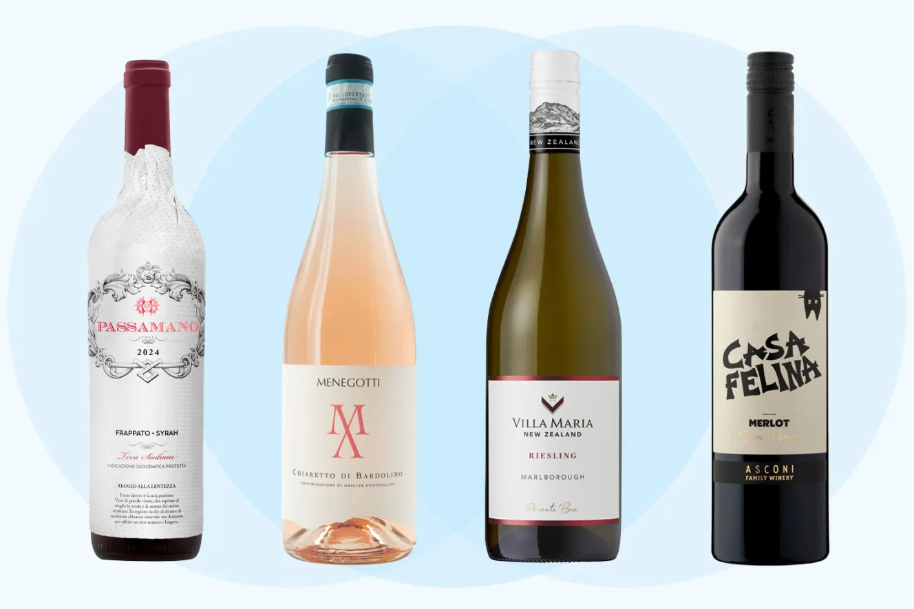 Four wine bottles: Passamano Frappato Syrah, Menegotti Chiaretto di Bardolino, Villa Maria Riesling, and Casa Felina Merlot.