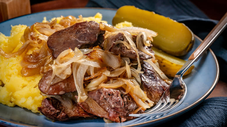 A plate of liver and onions.