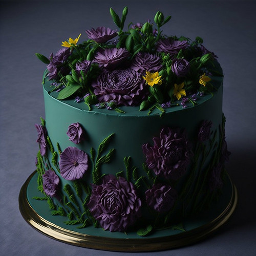teal green layer cake decorated with green leaves and purple and yellow flowers