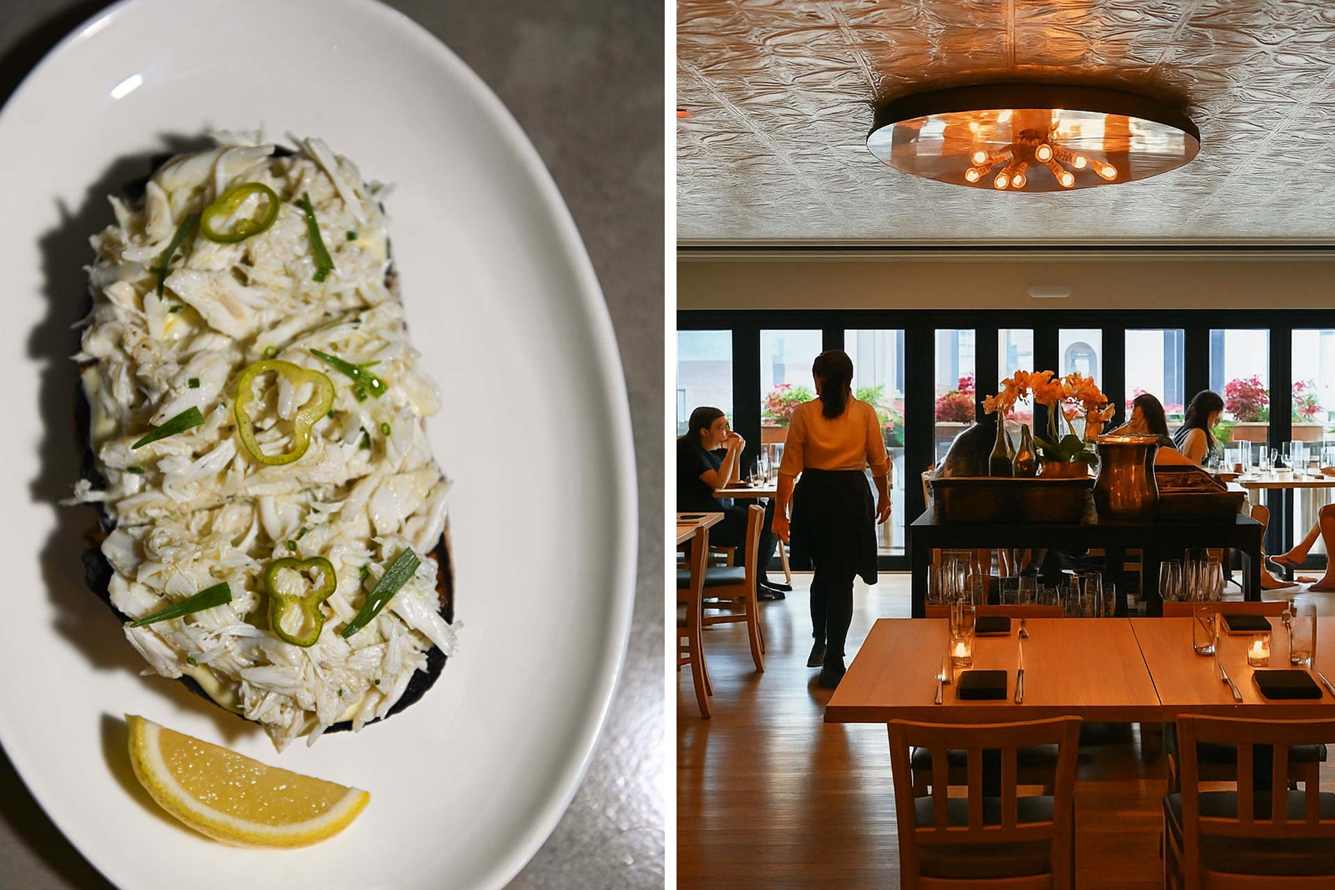 Elaborate toast of Blue crab, lemon aioli & tarrago and dining room. © Liz Barclay/Vernick Food & Drink 