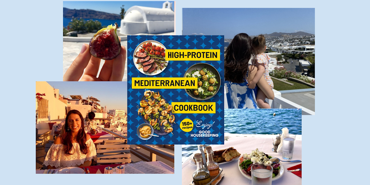 A high-protein Mediterranean cookbook is surrounded by travel-inspired food and lifestyle imagery, highlighting the diet’s focus on fresh ingredients, healthy fats and lean protein. Nutrition experts say this approach supports heart health while delivering flavorful, balanced meals.