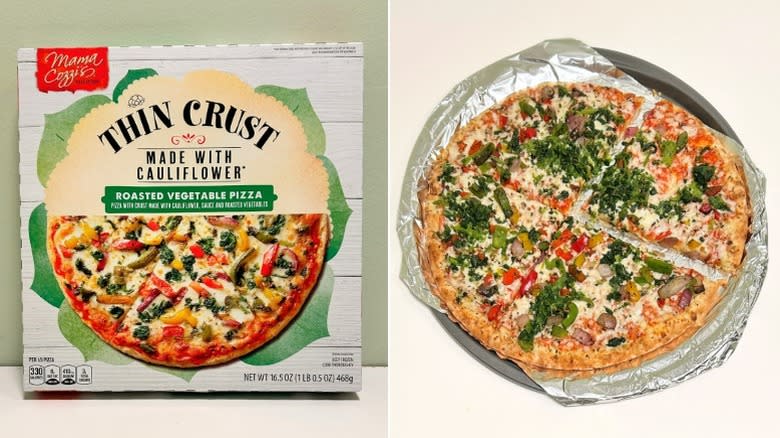 A box of Mama Cozzi's Thin-Crust Cauliflower Roasted Vegetable Pizza next to a vegetable pizza