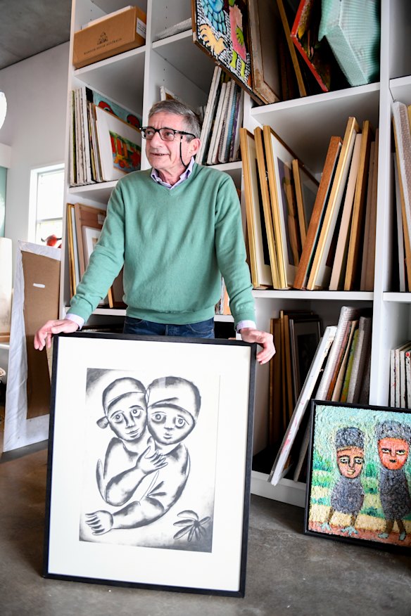 The late William Mora with a work by his mother, Mirka.