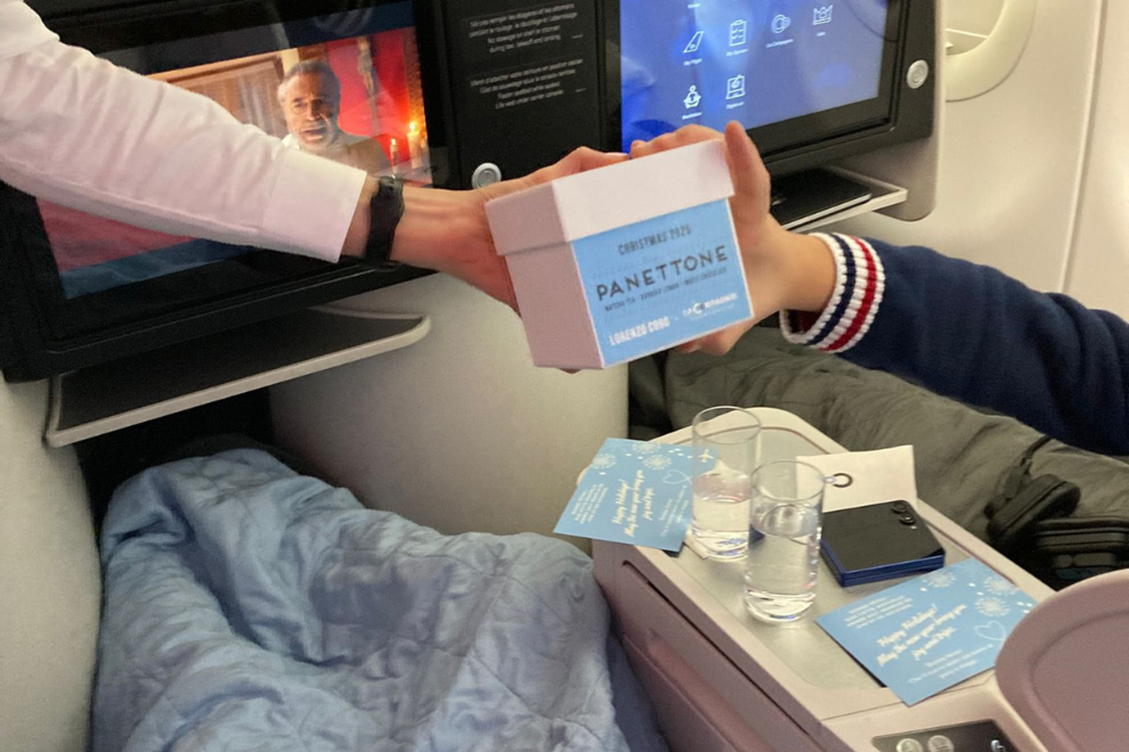 Passengers can enjoy food, TV, and plush comfort.