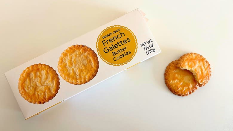 Trader Joe's French Galettes Butter Cookies next to the box on a white table