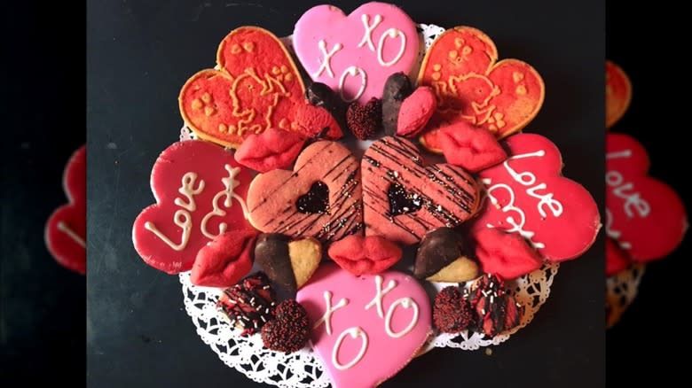 Trays of valentine cookies from Mazzola Bakery in Brooklyn, New York