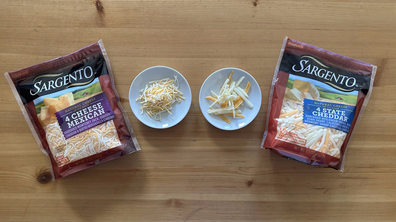 Bags of Sargento cheese on wooden table