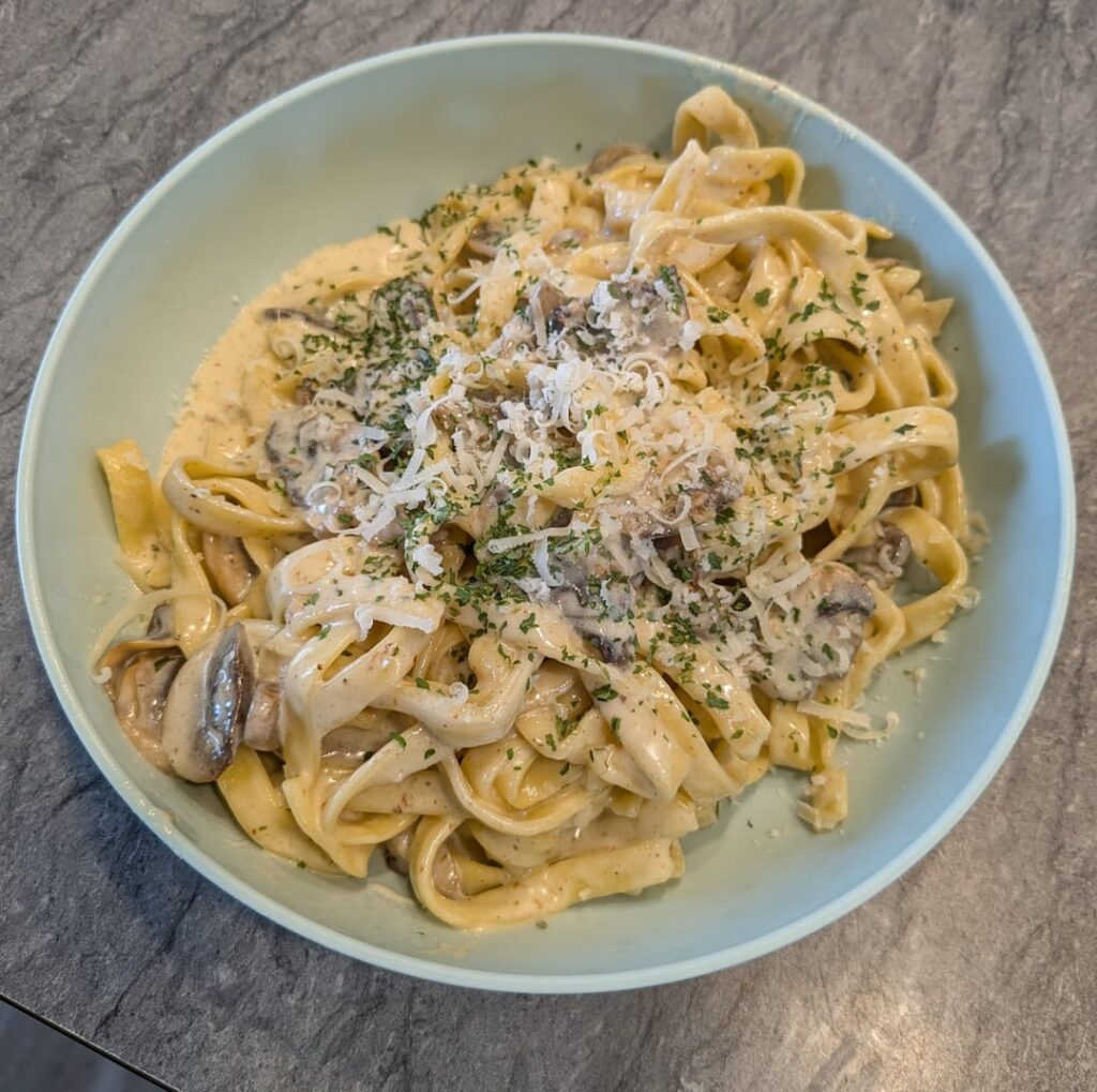 Mushroom fettuccine Alfredo made with fresh pasta