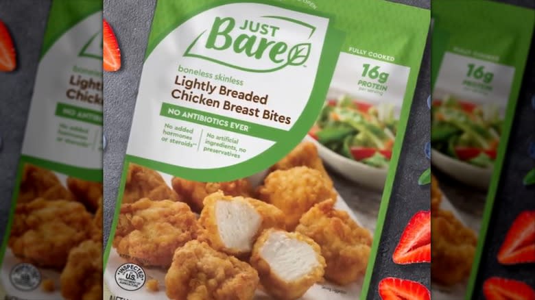 A package of Just Bare boneless skinless lightly breaded chicken breast bites