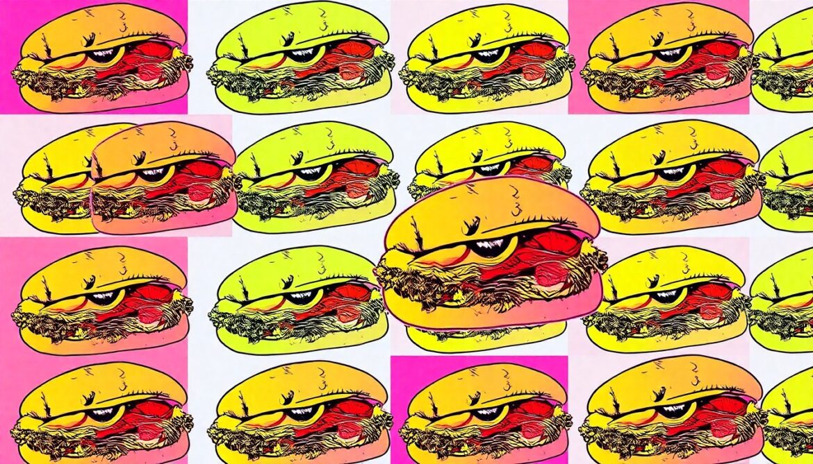 A high-contrast silkscreen print of a French dip sandwich repeated in a grid, rendered in vibrant neon colors and heavy black outlines to capture the essence of the classic dish as modern pop art.