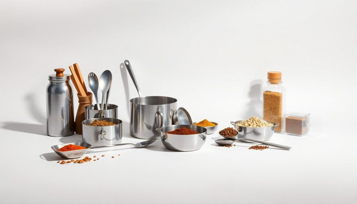 A high-end, photorealistic studio still-life photograph featuring a collection of premium, polished metal cooking utensils and spices arranged elegantly on a clean, monochromatic seamless background, conceptually representing the operational challenges faced by Bombay Kitchen.