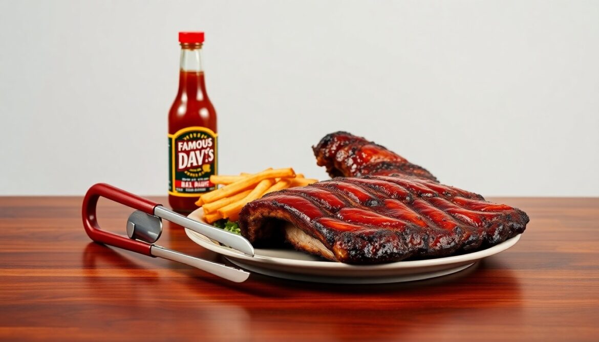 A high-end, photorealistic studio still-life photograph featuring a polished wooden table with a set of barbecue tongs, a bottle of barbecue sauce, and a plate of grilled ribs, all arranged elegantly against a clean, monochromatic background, conceptually representing the fusion of Famous Dave