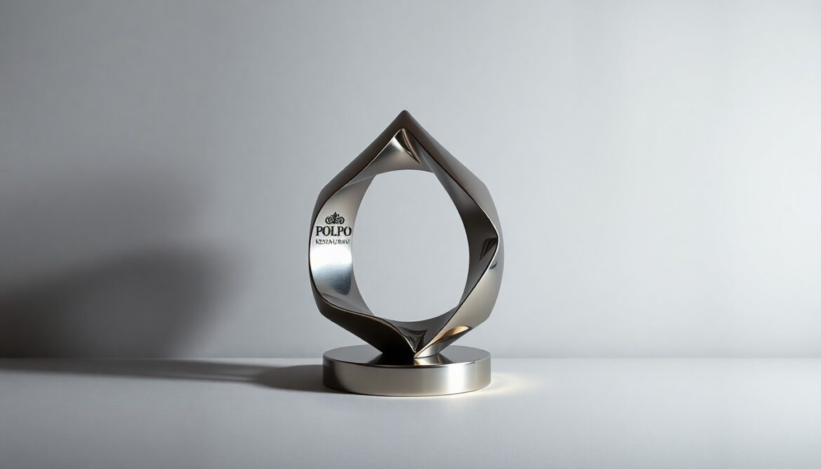 Polpo Restaurant & Saloon Announces Return to Palm Beach A high-end, photorealistic studio still-life photograph featuring a polished, geometric sculpture made of stainless steel, representing the refined aesthetic and exclusivity of Polpo Restaurant & Saloon.