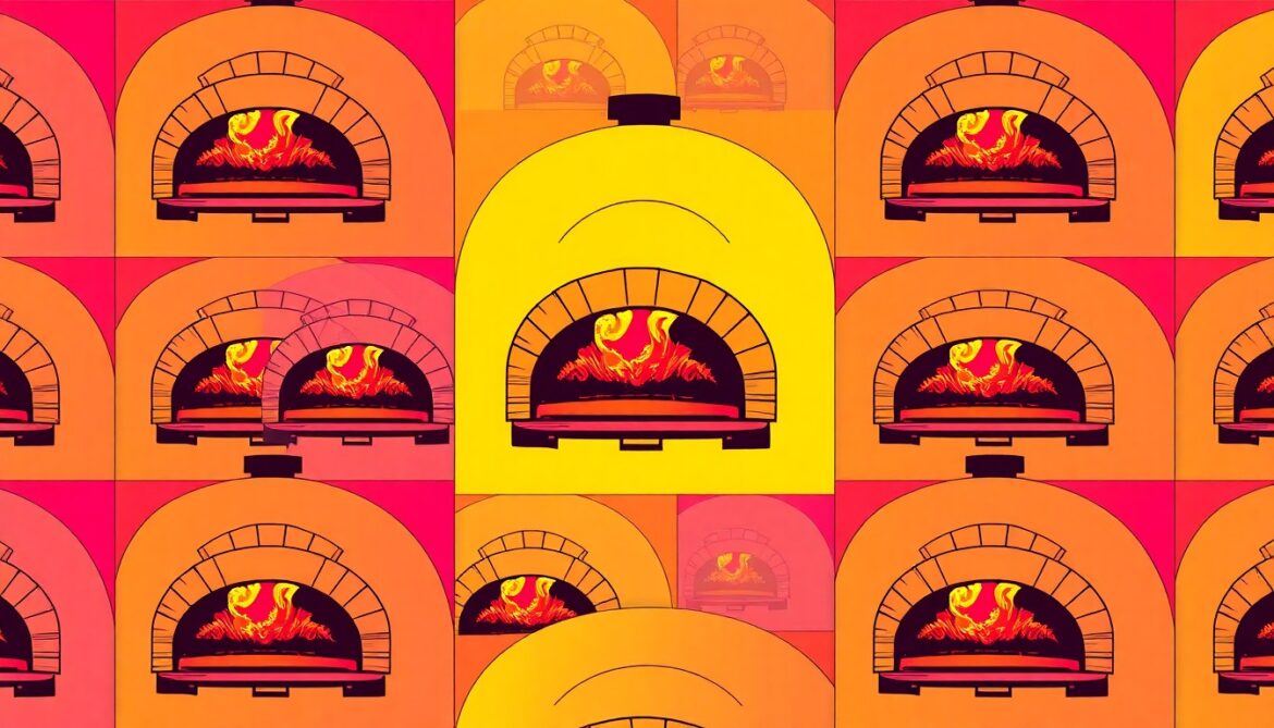 A highly stylized, abstract image composed of repeating silkscreen prints of a wood-fired pizza oven in a grid, using vibrant neon colors and heavy black outlines to transform the everyday appliance into a modern pop art piece.