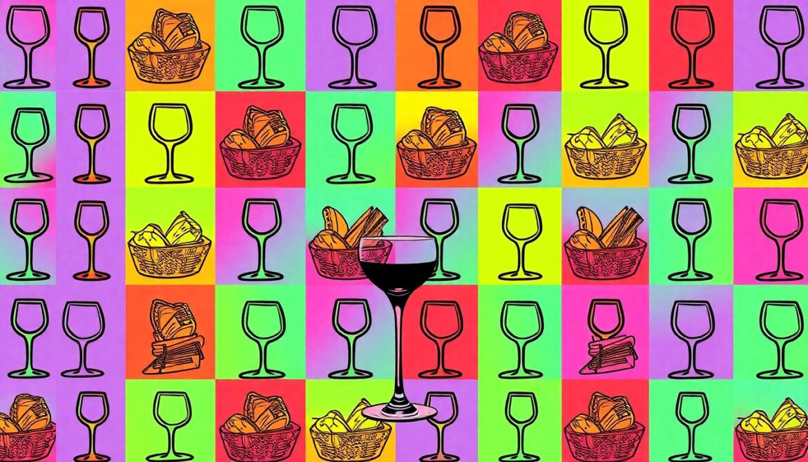 A high-contrast, silkscreen-style illustration of a French bistro table setting, including a wine glass, bread basket, and other iconic dining objects, repeated in a grid pattern with bold, neon-like colors and heavy black outlines, conceptually representing the French-influenced cuisine and atmosphere of the new Normandie restaurant in Napa.