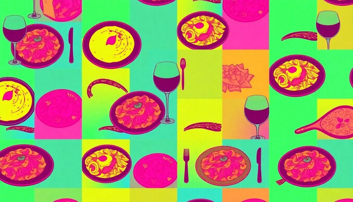 A high-contrast, silkscreen-style illustration of a single Mediterranean dish repeated in a grid pattern, using a vibrant neon color palette to capture the energy of the new restaurant opening.