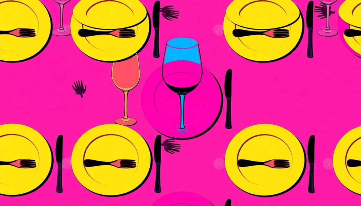 New restaurant Hundredfold coming to The Battery this year A high-contrast silkscreen print featuring a repeated pattern of a wine glass in bold neon colors, conceptually representing the upscale yet accessible dining experience of the new Hundredfold restaurant.