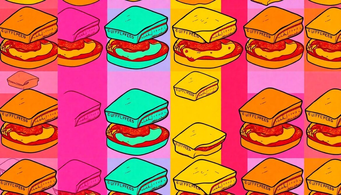 A brightly colored, high-contrast silkscreen print of a grilled cheese sandwich repeated in a tight grid pattern, utilizing flat, vibrant neon color palettes and heavy black photographic outlines to transform the everyday comfort food into modern pop art.