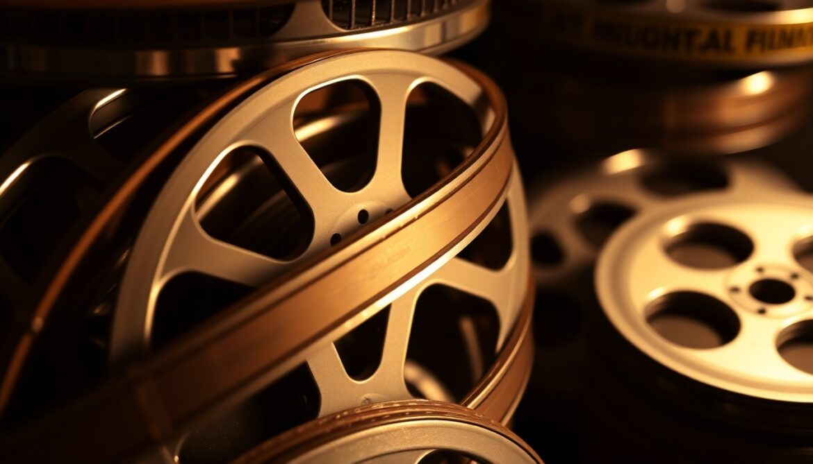 An extreme close-up photograph of a stack of vintage film reels, their shiny metal surfaces reflecting dramatic studio lighting to create a high-contrast, high-fashion aesthetic that conceptually represents the glamour and nostalgia of classic cinema.