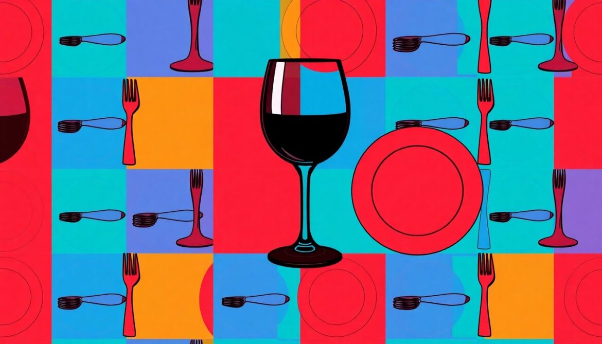 A bold, colorful silkscreen print featuring a repeating pattern of a wine glass in vibrant shades of red, orange, and blue, conceptually representing the upscale dining experience at the Maker Hotel