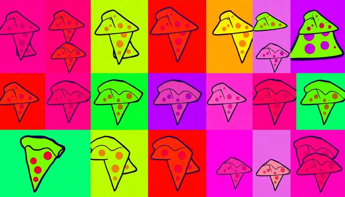 San Francisco’s First Gluten-Free Italian Restaurant Opens A high-contrast, silkscreen-style illustration featuring a repeating grid of a single, iconic Italian food item like a pizza slice or pasta dish, rendered in a bold, neon color palette that captures the celebratory spirit of Clementina