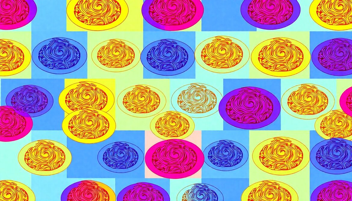 Italian Grandmothers Critique Chain Pasta Dishes A brightly colored, high-contrast silkscreen print of a single, iconic pasta dish, such as a plate of spaghetti or a lasagna pan, repeated in a tight grid pattern. The image utilizes flat, vibrant, and unnatural neon color palettes overlapping with heavy black photographic outlines, turning an everyday Italian food item into modern pop art.