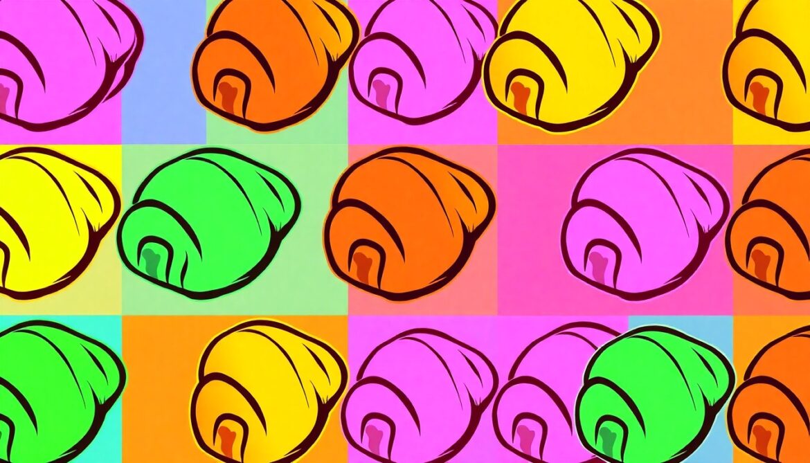 A vibrant, high-contrast silkscreen print featuring a repeated pattern of a single, iconic baked good item in a grid, using a bold neon color palette and heavy black outlines to transform the everyday into modern pop art.