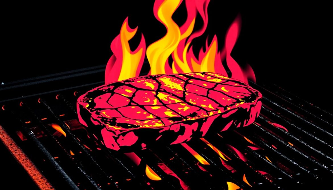 A highly stylized, pop art-inspired illustration of a sizzling Argentinian steak on a grill, repeated in a vibrant, neon-colored grid pattern with heavy black outlines, capturing the bold flavors and cozy ambiance of the new Palermo Argentinian Bistro location.