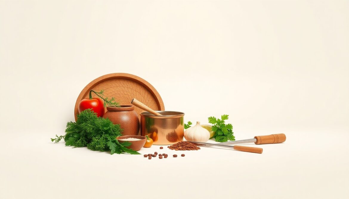 A high-end, photorealistic studio still-life photograph featuring a selection of premium Mediterranean ingredients and cooking tools, including fresh herbs, spices, skewers, and a small copper pot, arranged elegantly on a clean, monochromatic background with dramatic lighting and shadows, conceptually representing the attention to detail and craftsmanship behind The Kebab Shop