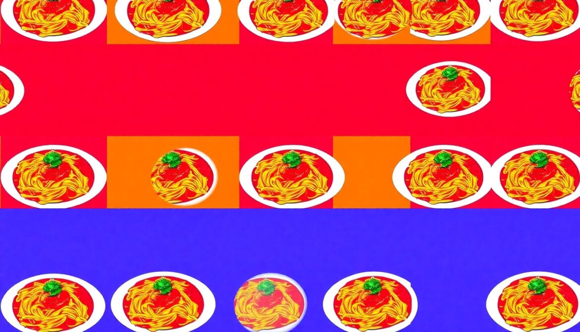 A vibrant, high-contrast silkscreen print of a classic Italian dish like spaghetti and meatballs, repeated in a grid pattern with bold, neon colors and heavy black outlines, conceptually representing the iconic status of Chef Vola