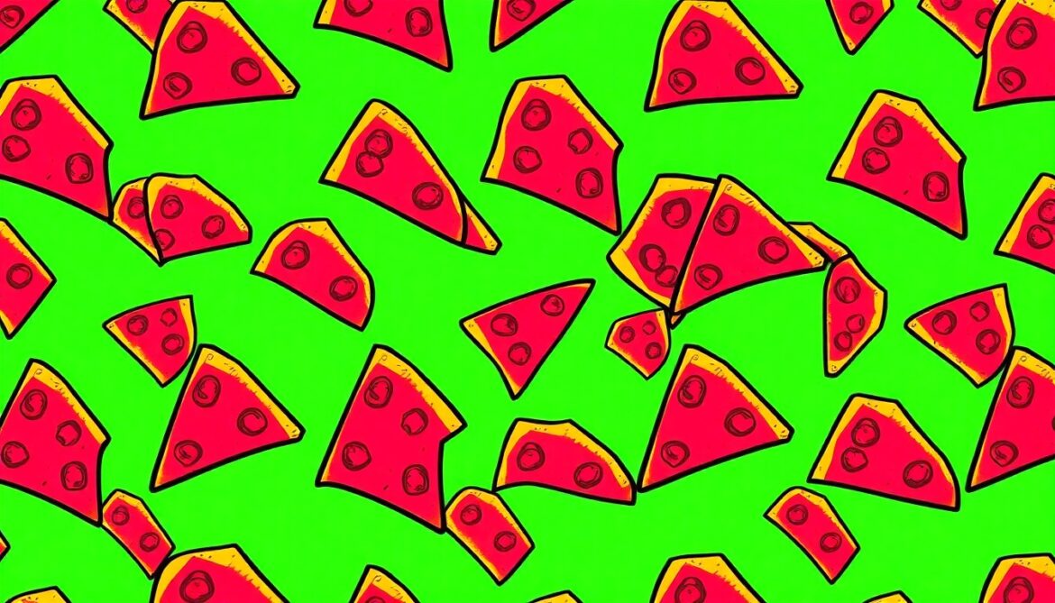 A bold, colorful silkscreen-style illustration featuring a repeated pattern of a single pizza slice in neon shades of red, orange, and yellow, conceptually representing the evolving culinary landscape of downtown Sarasota.