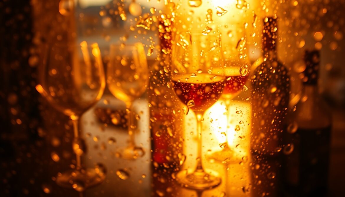 An abstract, impressionistic photograph of blurred wine glasses and bottles in warm, golden light, conveying a sense of relaxation and enjoyment.