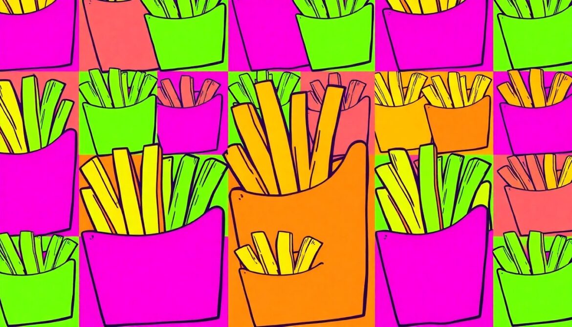 A brightly colored, high-contrast silkscreen print of a single waffle fry repeated in a tight grid pattern, conceptually representing the iconic menu item at Fryce Cream.