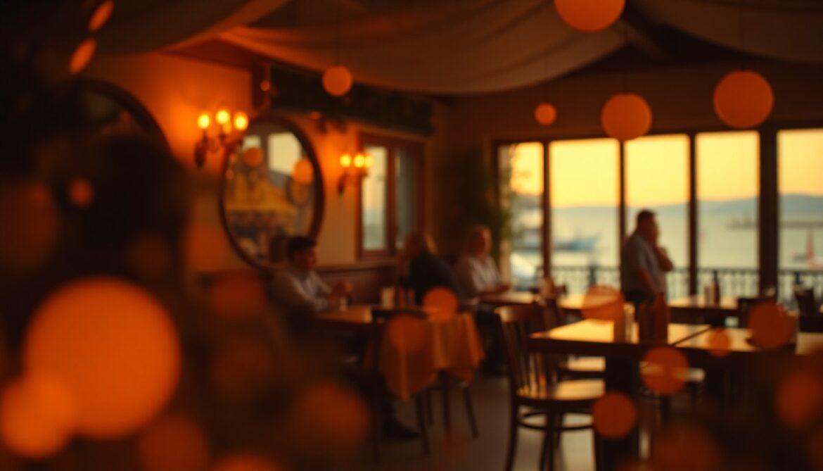 An abstract, impressionistic scene of soft, blurred lights and colors, evoking the cozy, atmospheric mood of a coastal restaurant in a historic setting.