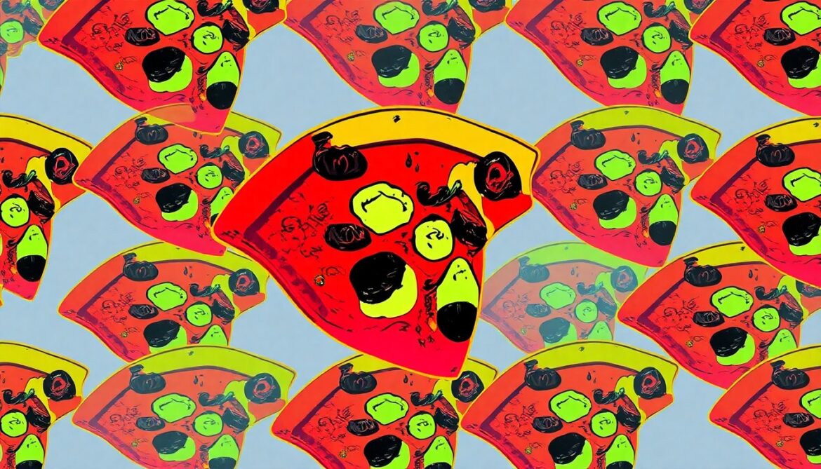 A high-contrast, silkscreen-style illustration of a single pizza slice featuring a black truffle sauce base, mushrooms, cheese, prosciutto crudo, burrata, chives, and ricotta salata, repeated in a vibrant, neon-colored grid pattern, conceptually representing the innovative and artful nature of the winning pizza.