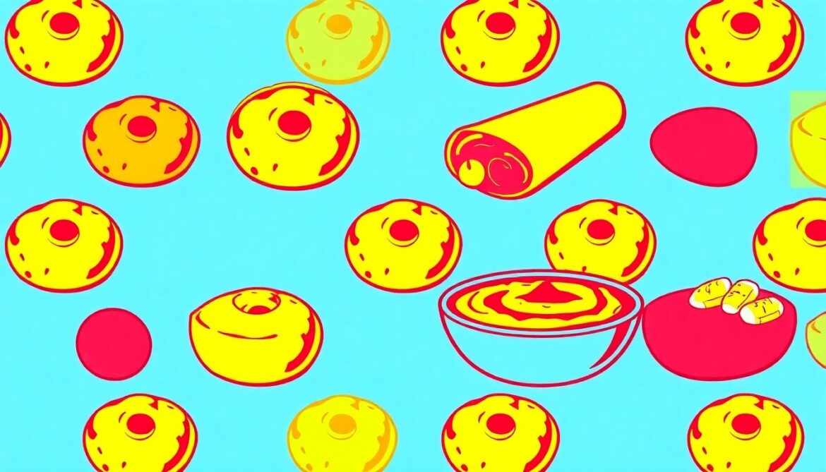 A high-contrast silkscreen print of a single, iconic Middle Eastern food item such as a falafel ball or shawarma wrap, repeated in a tight grid pattern and rendered in a bold, neon color palette, conceptually representing the diverse and customizable menu offerings at the new NAYA restaurant.