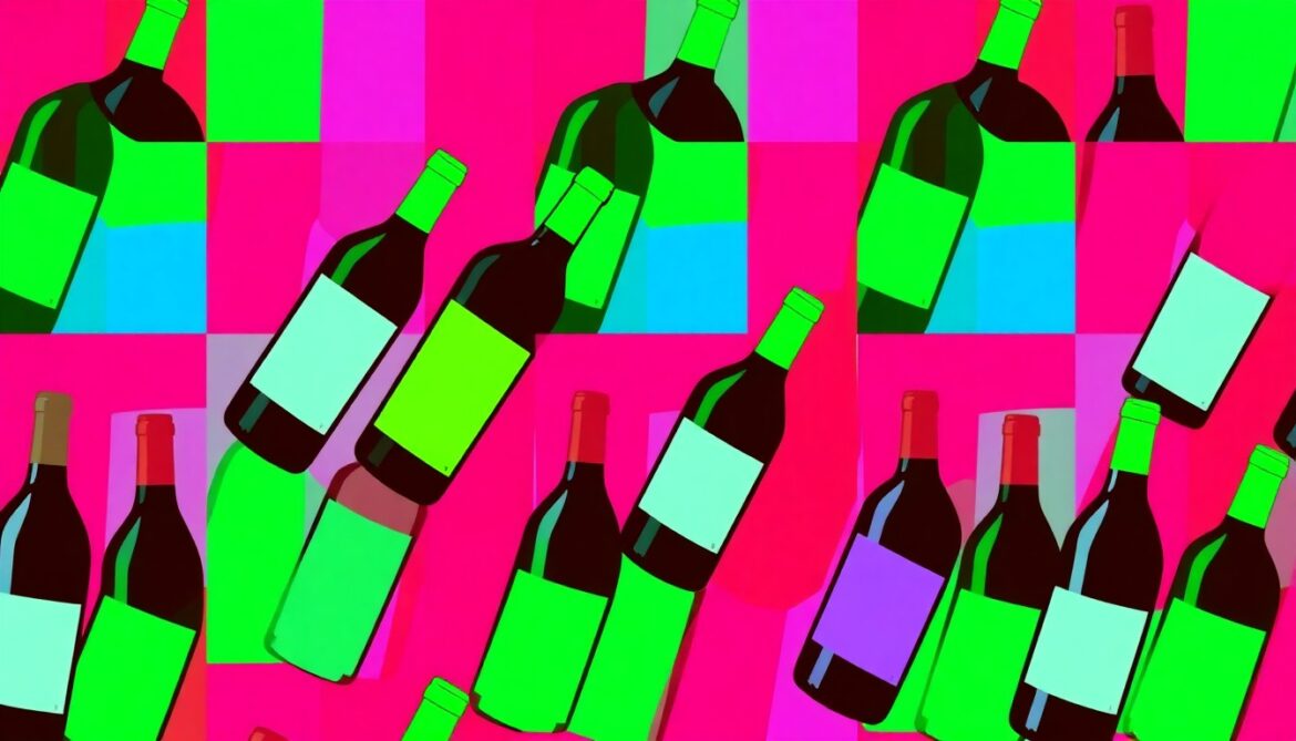 A bold, colorful silkscreen-style illustration featuring a grid of stylized wine bottles in vibrant shades of red, white, and blue, conceptually representing the celebratory new wine releases from Turks Head Wines.
