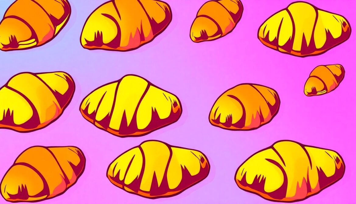 A vibrant, high-contrast silkscreen print featuring a repeated image of a French pastry item, such as a croissant or egg tart, in a bold, neon color palette, conceptually representing the iconic baked goods that draw crowds to this beloved Albany bakery.
