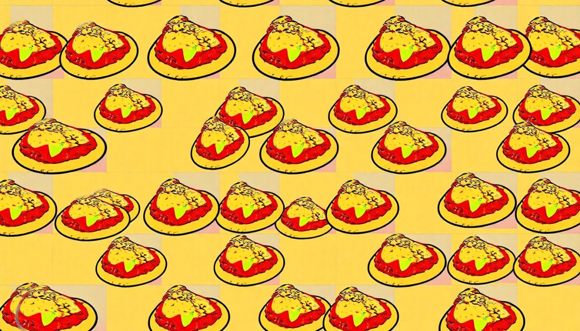 A brightly colored, high-contrast silkscreen print of a single, iconic chicken parmesan dish repeated in a tight grid pattern, utilizing flat, vibrant, and unnatural neon color palettes overlapping with heavy black photographic outlines to turn the classic Italian dish into modern pop art.